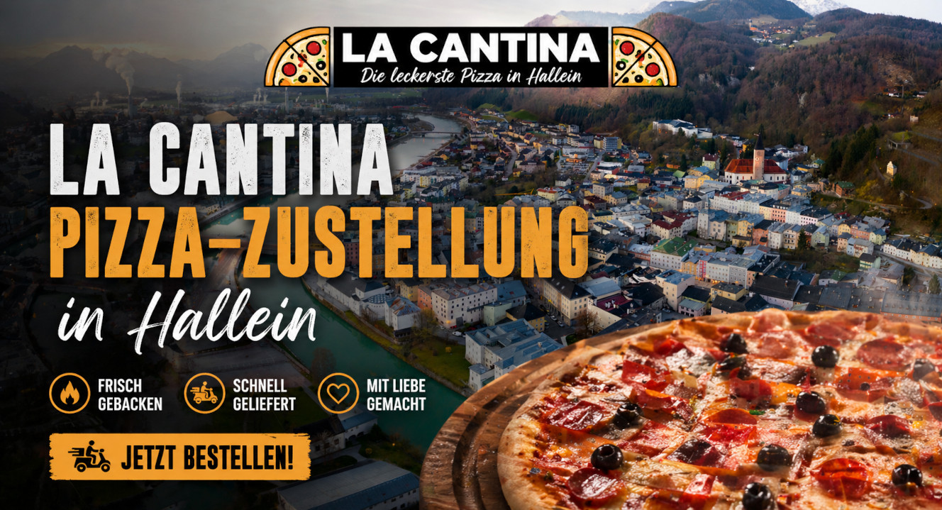Pizza Lieferung in Hallein von La Cantina mit Blick über die Stadt und frischer Pizza
